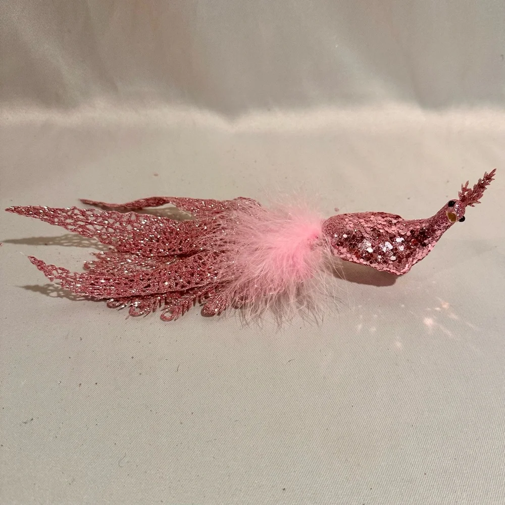 Sparkling Pink Glitter Feather Peacock Clip Large Ornament or Brooch